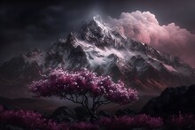 4k Dark Mountains Landscape Snowy Mountain Tops Wide Very Angle Dark And Stormy Night Big Sky Cumulous Clouds One Ray Of Light Lighting An Blossoming Pink Tree Far In The Distance Realistic Magical 