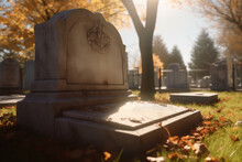An Old Cemetery, Featuring Historic Tombstones, Crosses, And A Serene Autumn Landscape.