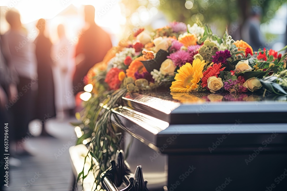 A funeral service with a coffin, flowers, and mourners in a church ...