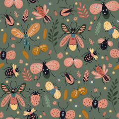 Canvas Print - Colorful bug beetle moth and butterfly vector seamless pattern. Floral flower garden kids baby nature art print