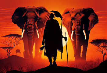 Poster - elephants at sunset