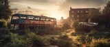 Fototapeta  - red bus double decker london post apocalypse landscape game wallpaper photo art illustration rust