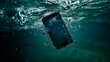 Promotional shot of a protective smartphone. the phone is underwater but working. the shot indicates water protection, ip64. Generative AI