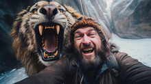 Selfie Of An Ancient Man And Snarling Saber - Toothed Tiger, Glacial Background. Generative AI