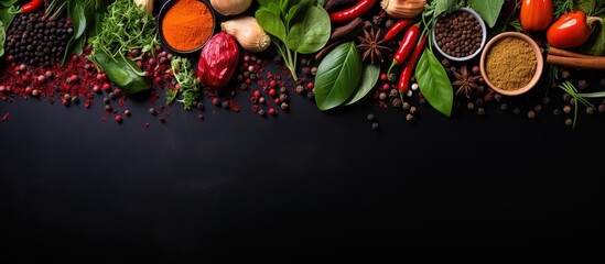 Canvas Print - High quality photo of herbs and spices for cooking on a dark background with copy space for a mock up banner