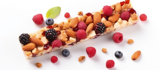 Healthy cereal snack with a variety of nuts and dried fruit protein bars for fitness shown on a white background