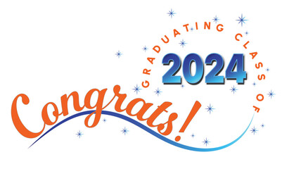 White background - Congrats Graduates Text - in Orange with 2024 in Blue - Elegant and Dynamic style with type on wave and graduating class of in circle around year. Stars highlight the text.