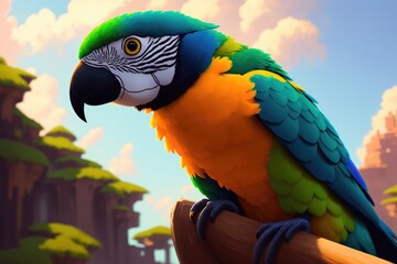 Wall Mural - Colorful magic parrot, cartoon style painting. Generative ai art illustration