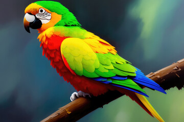 Wall Mural - Colorful magic parrot, cartoon style painting. Generative ai art illustration