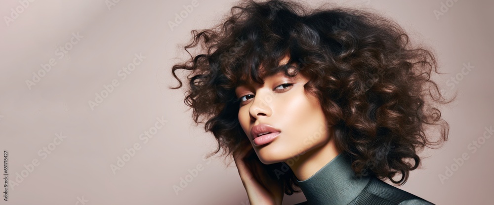 african american woman with curly hair beauty portrait on studio ...