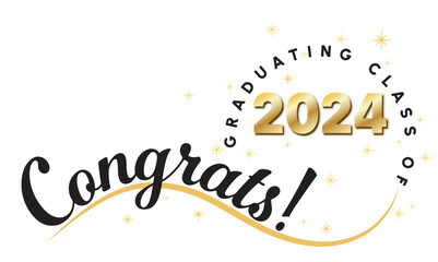 Wall Mural - White background - Congrats Graduates Text - in Black with 2024 in Gold - Elegant and Dynamic style with type on wave and graduating class of in circle around year. Gold stars highlight the text.