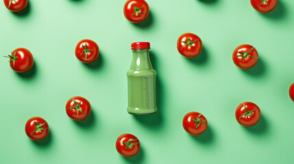 Top view of a green ketchup bottle with clean design, mockup for branding isolated on green background with copy space. 