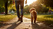 A Man Walks With His Dog In The Park At Sunset. The Guy And The Dog Go Into The Distance Along The Path. The Concept Of Walking Dogs, Parting. Back View Of A Man With A Dog Walking In A Park.