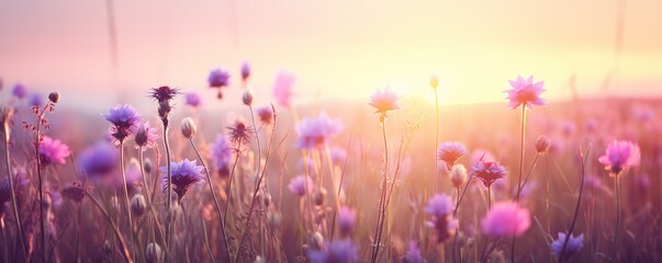 Wall Mural - beautiful colorful meadow of wild flowers floral background, landscape with purple pink flowers with sunset and blurred background. Soft pastel Magical nature copy space | Generative AI