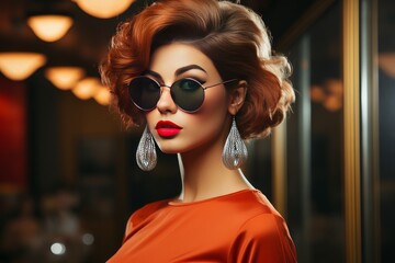 Canvas Print - portrait of a young woman in the 1970s in a glamour suit and sunglasses