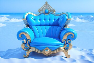 Wall Mural - Blue luxury chair at the sandy beach, freelance business concept, generative ai