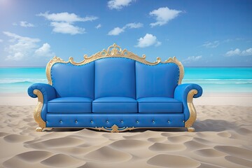 Wall Mural - Blue luxury chair at the sandy beach, freelance business concept, generative ai