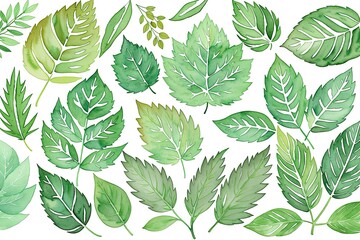 Wall Mural - Green leaves on a white background, floral design. Watercolor drawn botanical watercolor painting, generative ai