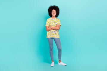 Wall Mural - Full length photo of cheerful cute girl wear printed outfit denim hand scrossed good mood isolated on cyan color background