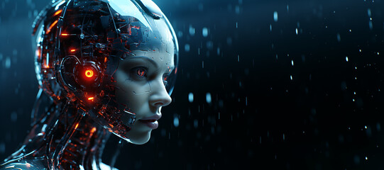 female android on black background with copy space. artificial intelligence futuristic wallpaper or background for futuristic technology marketing.