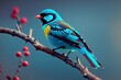 The blue or turquoise small passerine bird sitting on a branch in the rainforest with a dark background, generative ai
