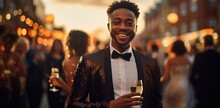 A charismatic black man, sharply dressed, holding a glass of champagne, exuding confidence against a chic evening ambiance.
