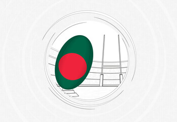 Wall Mural - Bangladesh flag on rugby ball, lined circle rugby icon with ball in a crowded stadium.