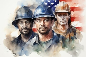 Wall Mural - Workers painted with watercolor paint. Portrait with selective focus and copy space