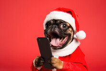 Funny Santa Claus Pug Dog Holding Smartphone On Red Background.