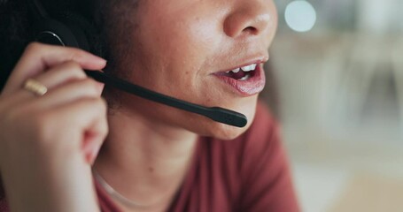 Wall Mural - Mouth of woman, telemarketing and communication in call center for customer service, advisory help or CRM questions. Closeup, face and microphone of receptionist for telecom offer, FAQ and IT contact