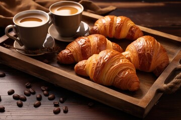 Croissants cup of coffee on tray .morning breakfast. Have nice morning and pleasant experience.