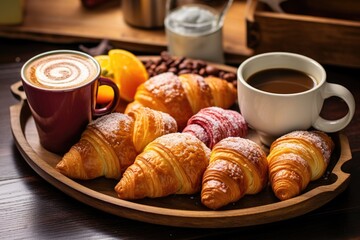 Croissants cup of coffee on tray .morning breakfast. Have nice morning and pleasant experience.