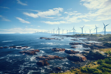 Wall Mural - An offshore wind farm with sleek, high-tech wind turbines capturing energy from the sea breeze. Generative Ai.