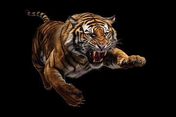 tiger in a jump with an open mouth and sharp teeth in full height isolated on a black background. da