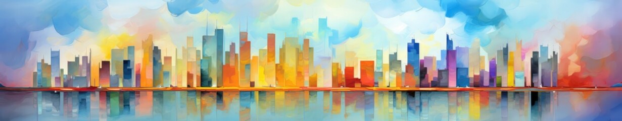 Wall Mural - Wide panoramic watercolor city illustration