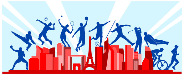 Wall Mural - Great editable vector file of international multisport festival with players silhouette in the front of Paris skyline with classy and unique style best for your digital design and print mockup