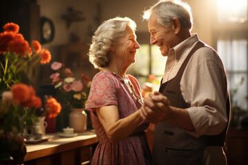 Canvas Print - A senior couple dancing together in their living room, demonstrating how shared activities can combat loneliness in old age. Concept of companionship. Generative Ai.