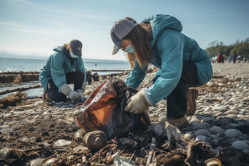 Poster - A coastal cleanup team collecting plastic waste from a beach, addressing ocean pollution. Generative Ai.