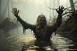 A zombie emerging from a misty swamp, its decaying flesh and outstretched arms creating a chilling scene. Generative Ai.