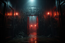 A Spooky Spiderweb-covered Doorway Leading Into A Dimly Lit Haunted House Attraction. Generative Ai.