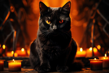 Sticker - A black cat with arched back and glowing eyes, a classic symbol of Halloween superstition. Generative Ai.