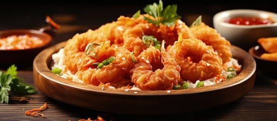 Asian inspired appetizer Tempura shrimp with spicy sauce served on a wooden board