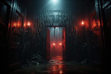Wall Mural - a spooky spiderweb-covered doorway leading into a dimly lit haunted house attraction. generative ai.