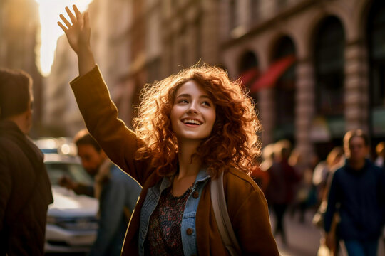 attractive young woman on a busy street smiling as she waves goodbye to her boyfriend selective focu