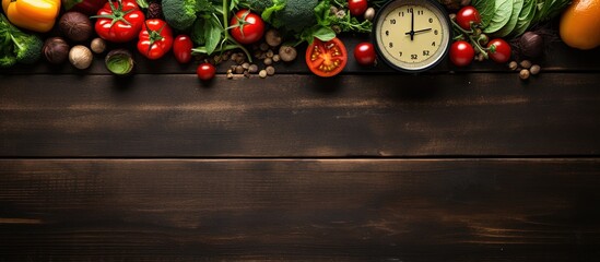 Wall Mural - Text friendly rustic wooden background frames a healthy diet