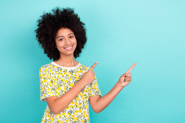 Sticker - Portrait of small schoolgirl direct fingers empty space information for new little pupil invite college isolated on cyan color background