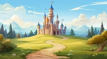 Fairytale Castle On Natural Landscape Cartoon Vector Illustration With A Flag On A Princess Tower And A Road Leading To A Wooden Gate. The Royal Building Stood On The Grass Field.,generative AI