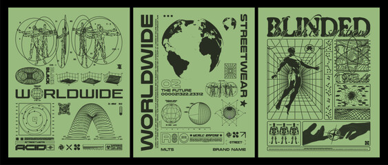Wall Mural - collection of techno grunge posters. with blueprint retro graphic, stylish print for streetwear, pri