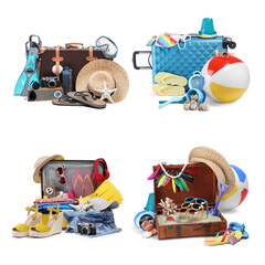 Sticker - Set with suitcases and beach accessories isolated on white