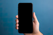 © degungpranasiwi - Hand holding smartphone with a black blank screen isolated on a blue background